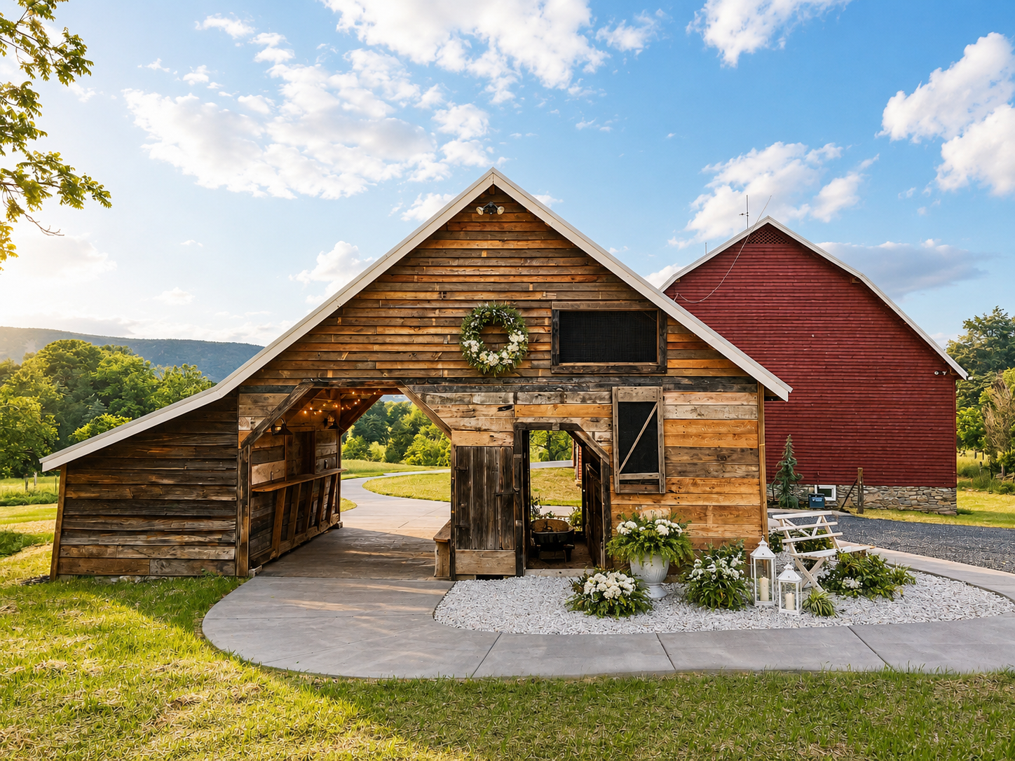 Summer corncrib and barn view