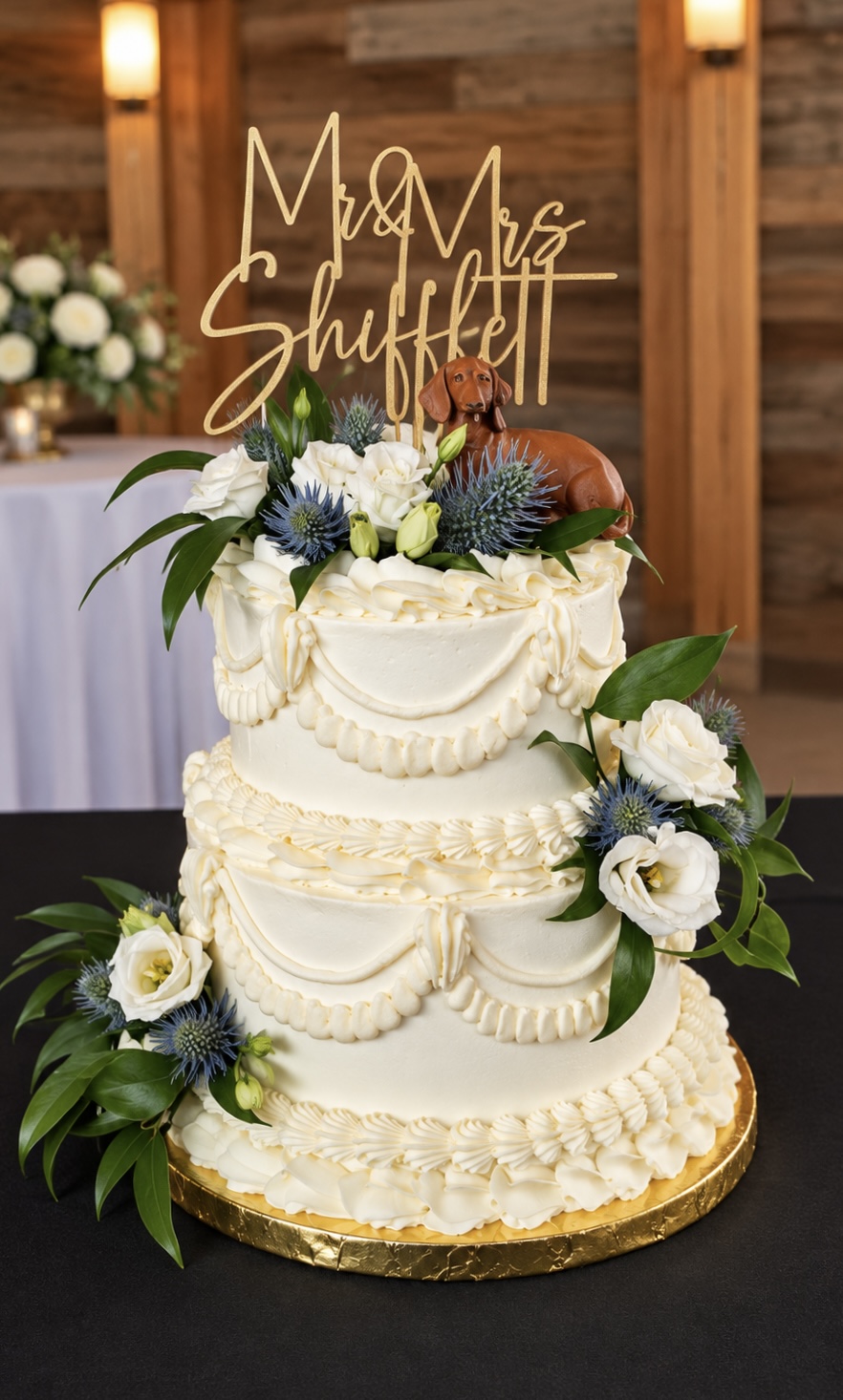 A beautiful, multi-tiered white wedding cake with delicate sugar flowers on display at Big Oak Ranch